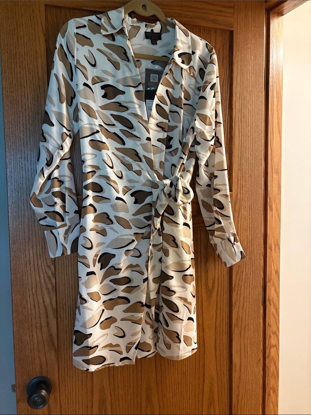 BOLD elements Cream and Brown Printed Long Sleeve Wrap Dress